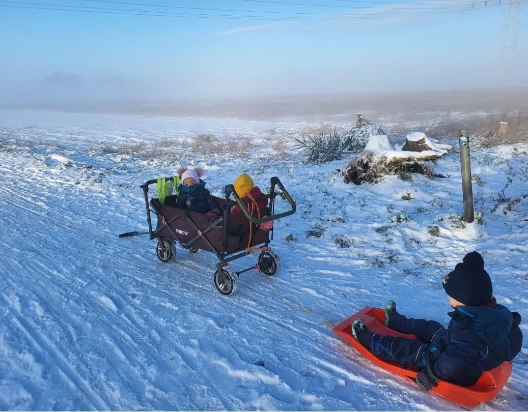 Kinder fahren im Bollerwagen und auf dem Schlitten durch die Winterlandschaft