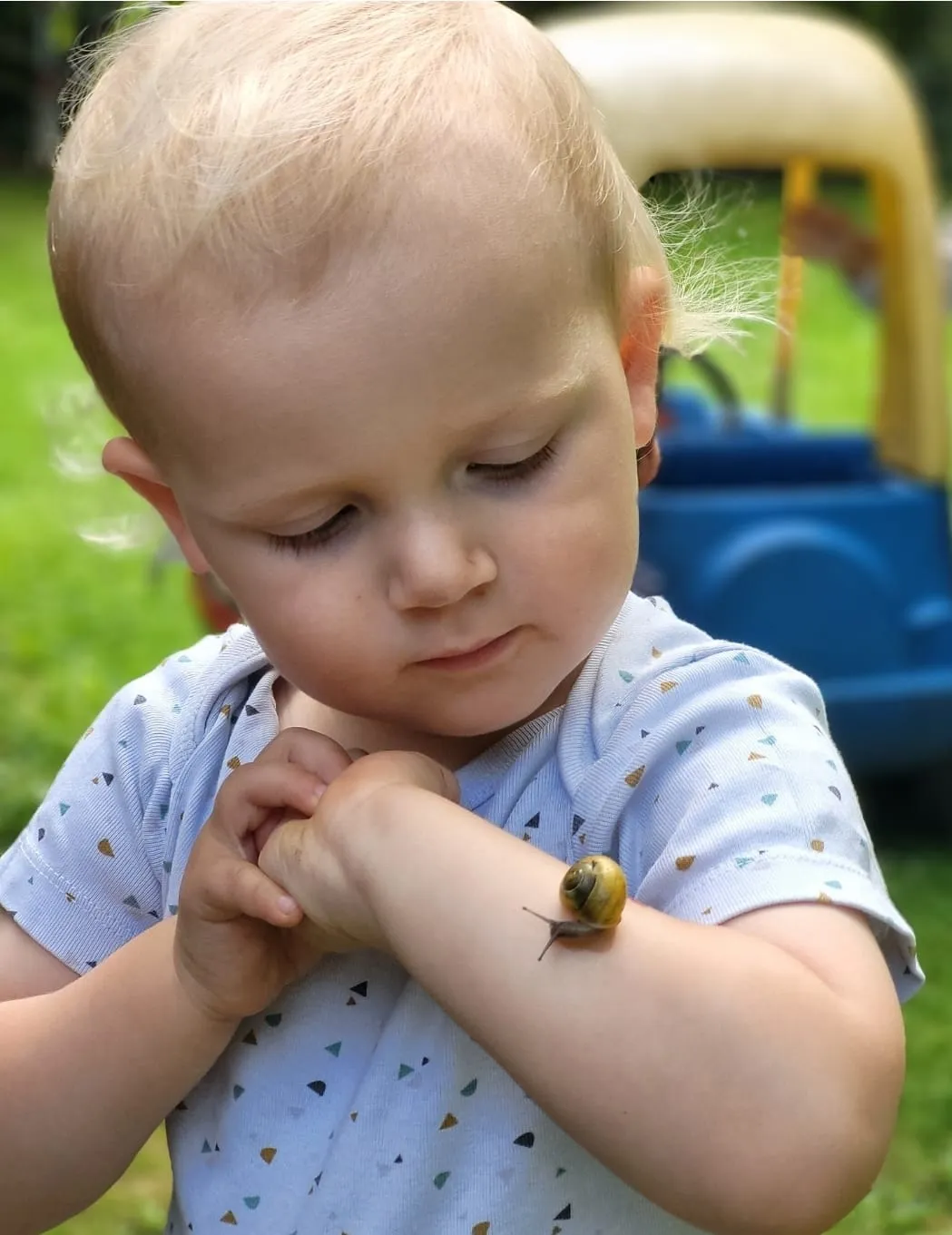 Kind betrachtet neugierig eine Schnecke auf seinem Arm